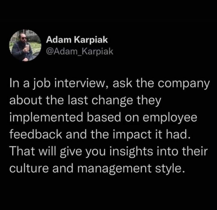 The meme is a screenshot of a Twitter post from a user named @AdamKarlKarlKarl, who is a former employee of a company called "Karl K Karl" (a company that makes "Karl" products). The post is a humorous take on a job interview question, where the interviewer asks the candidate to explain the last change they implemented at their previous company, and the candidate responds with a joke about the company's name being a "Karl" company, implying that the company is named after a person named Karl.